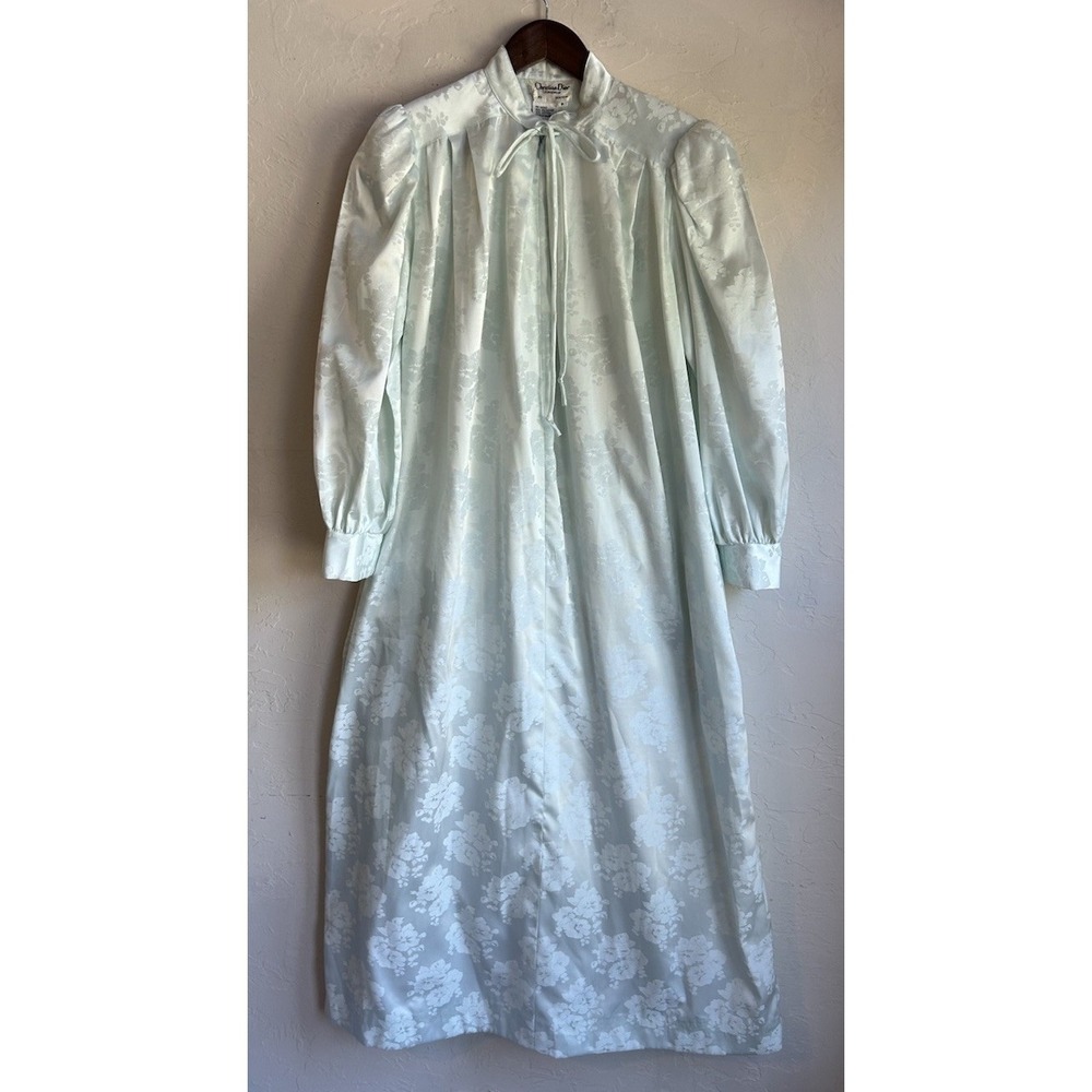 Vintage Christian Dior Nightgown Gown Robe M Floral Satin Jacquard Blue Romantic - Picture 1 of 7
